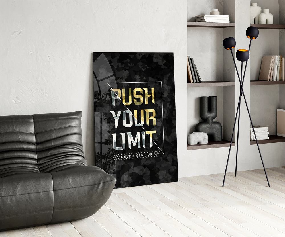 Push Your Limit gold panel anchoring an entrepreneur's office wall