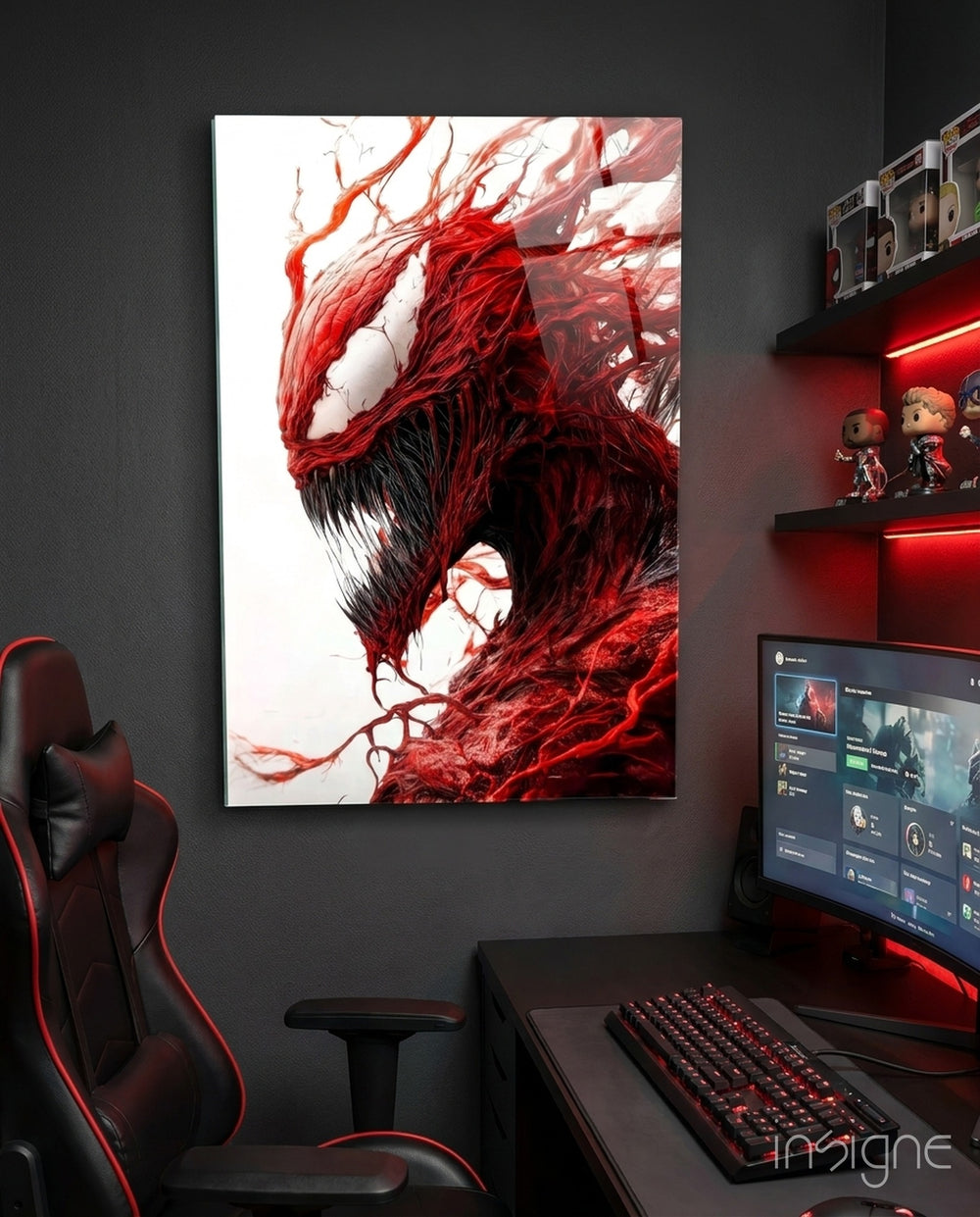 Venom's Sinister Presence Glass Wall Art - Lifestyle preview in a designer interior