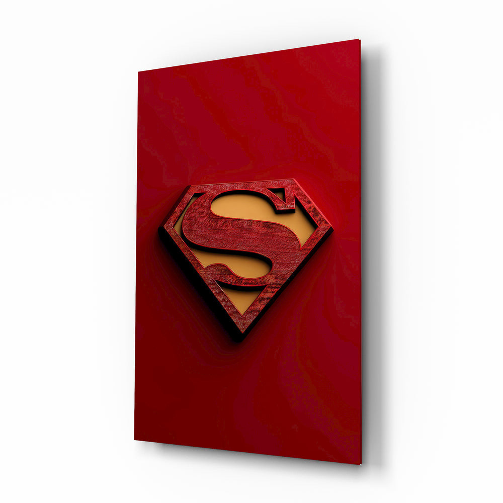 Superman shield red glass wall art in a modern study