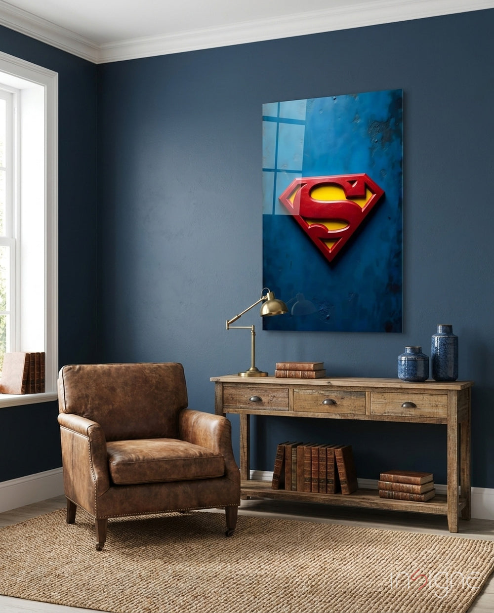 Superman Logo on Dark Glass Wall Art - Lifestyle preview in a designer interior