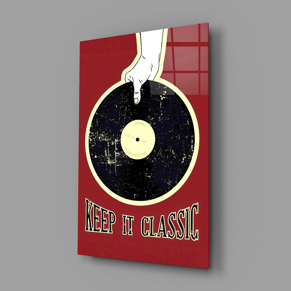 Retro vinyl-poster panel anchoring a music studio wall