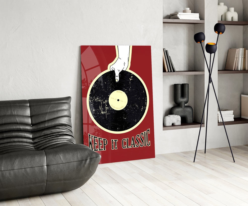 Vinyl record panel against a brick or warm-toned bar wall
