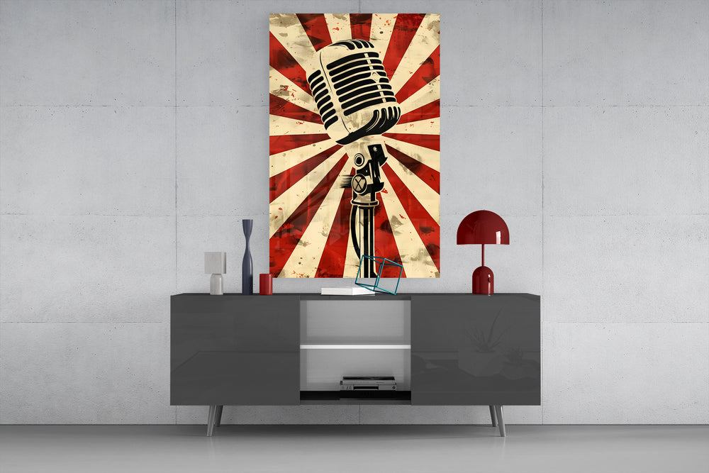 Vintage microphone glass wall art catching light to reveal its grunge texture