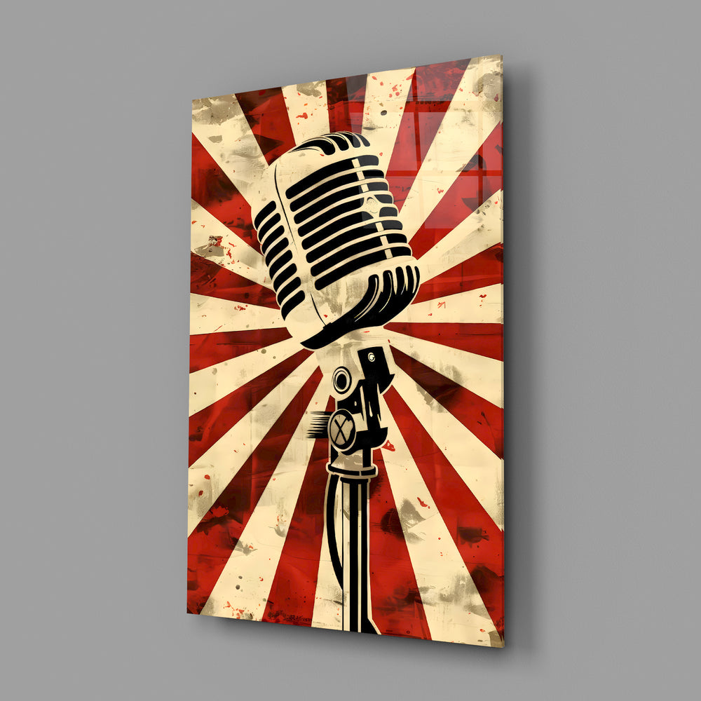 Retro sunburst microphone panel anchoring a podcast room wall