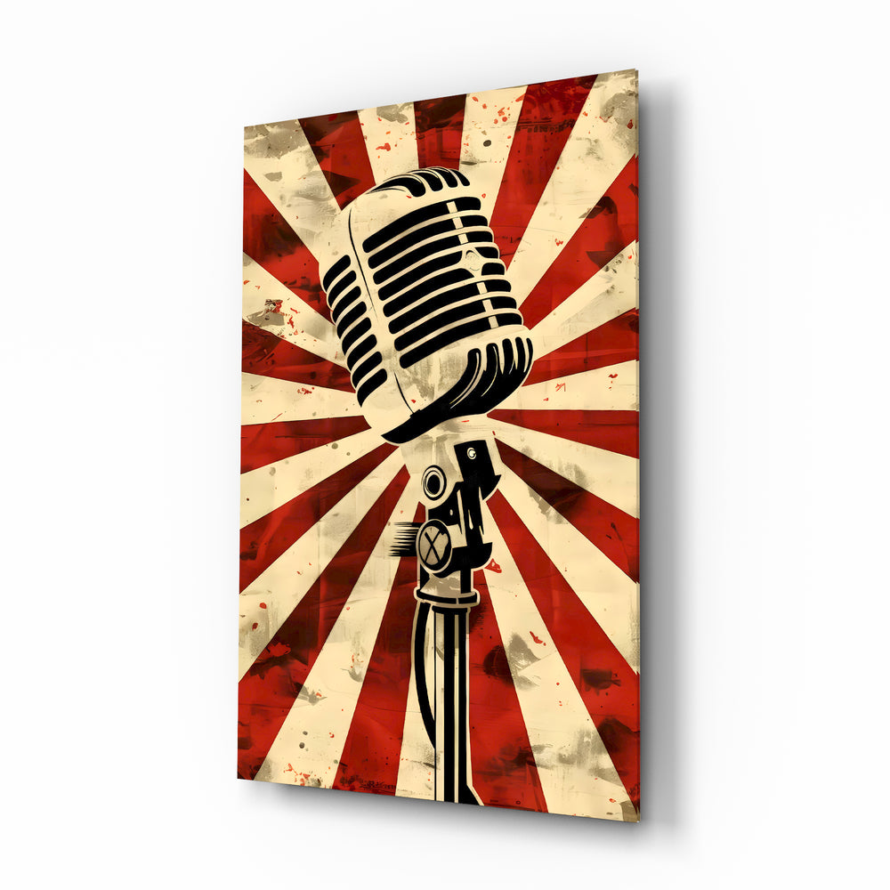 Vocal Icon vintage microphone glass wall art in a recording studio