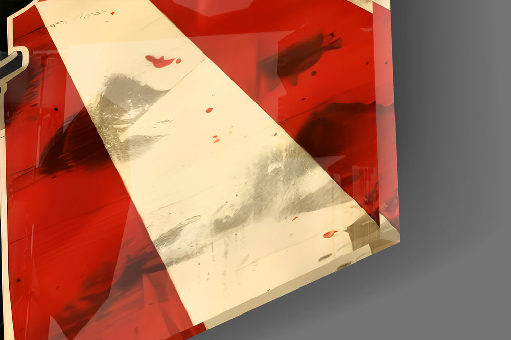 Close-up detail of the chrome microphone on red and cream rays behind glass