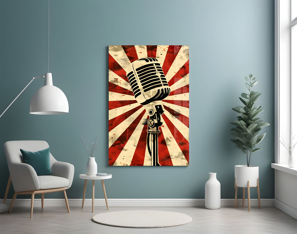 Vintage microphone artwork styled in a music lounge interior