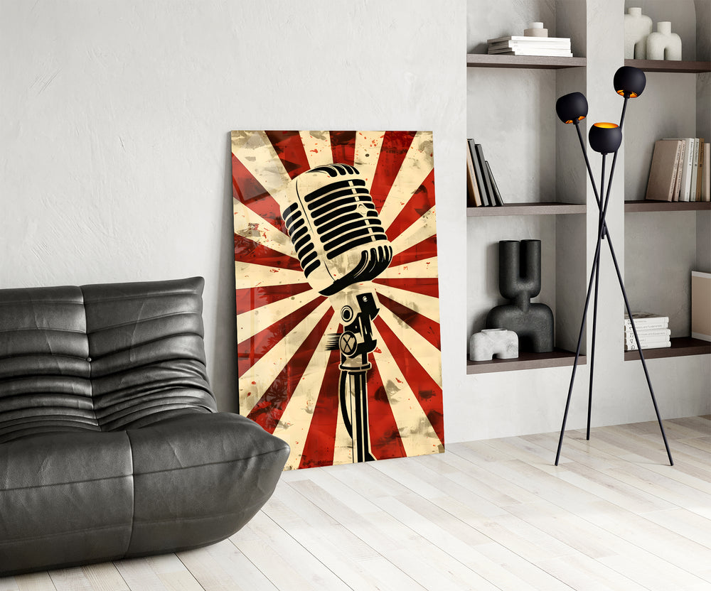 Sunburst microphone panel against a brick or moody-painted bar wall