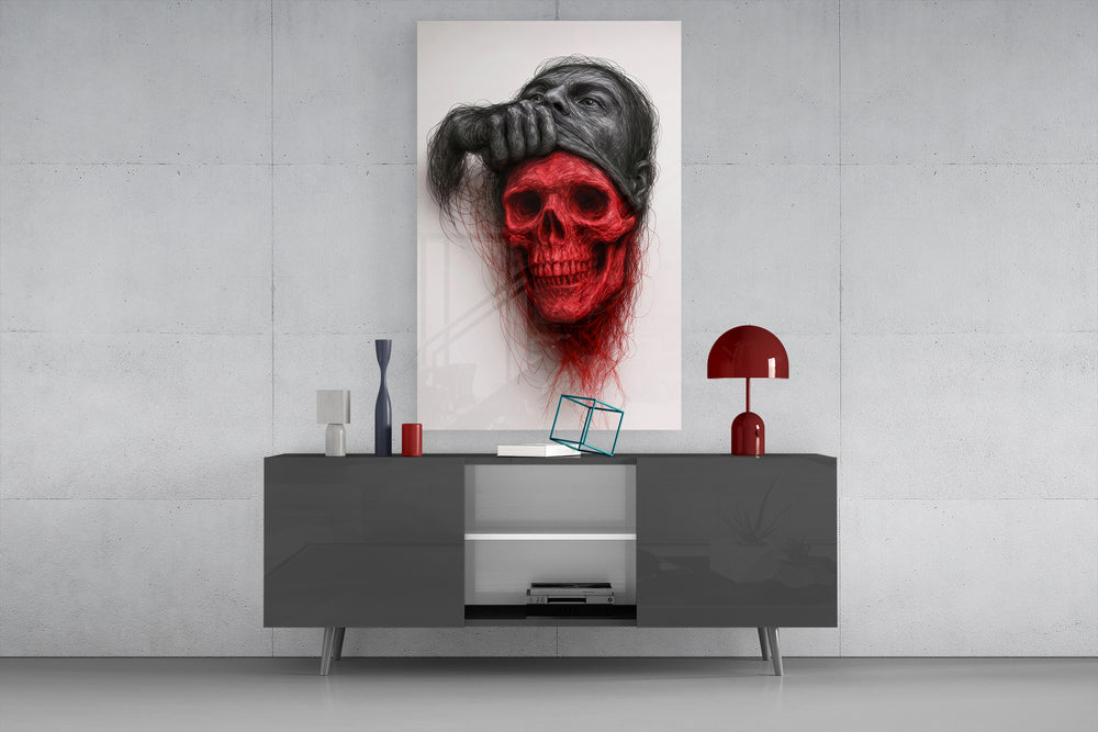 Surreal portrait glass wall art catching light to reveal its drawn texture