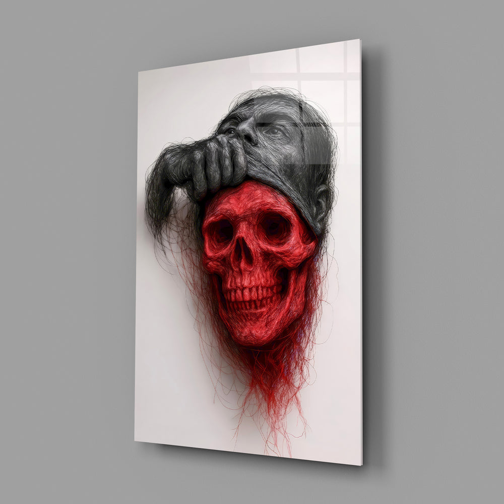 Pencil-and-skull portrait panel anchoring a teen's bedroom wall