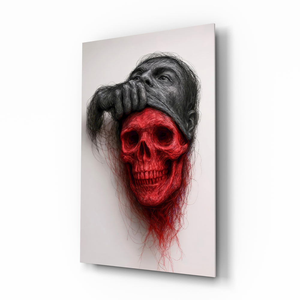 Ethereal Skull surreal portrait glass wall art in a modern study