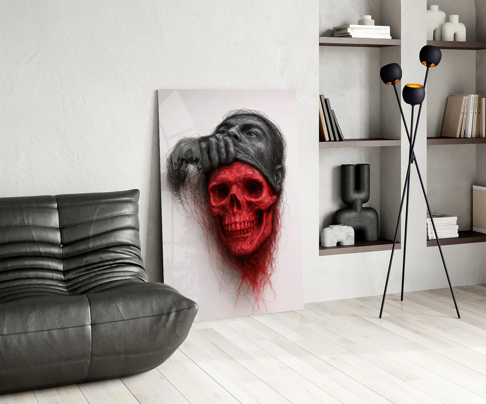 Memento-mori portrait panel against a moody dark-painted wall