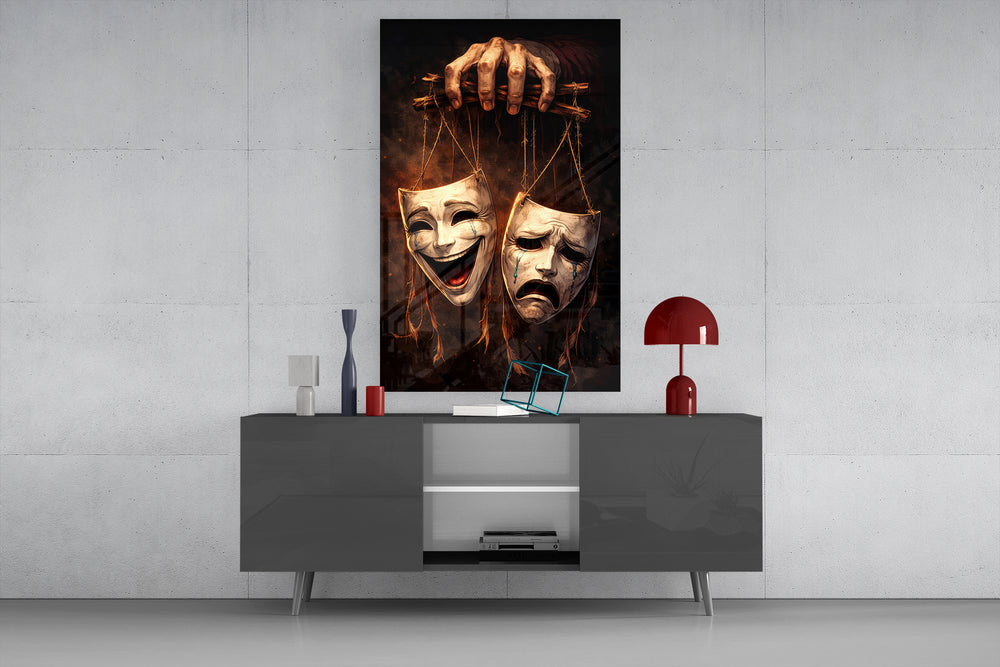 Tragedy and Comedy glass wall art catching light to reveal its painterly depth