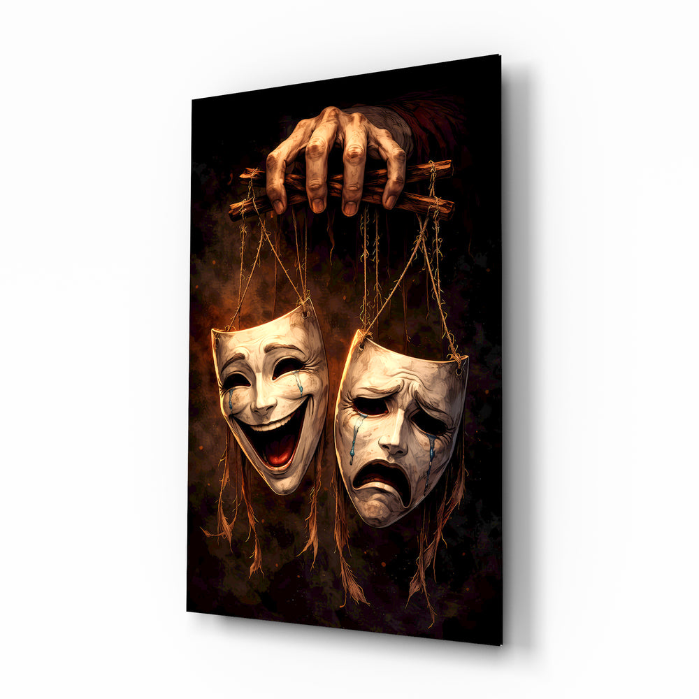 Tragedy and Comedy masks glass wall art in a modern study