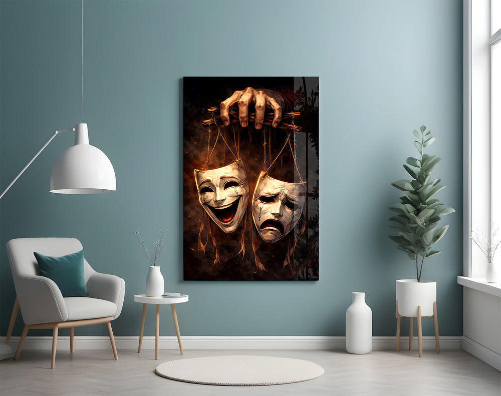 Theater masks artwork styled in a cinema room or screening lounge
