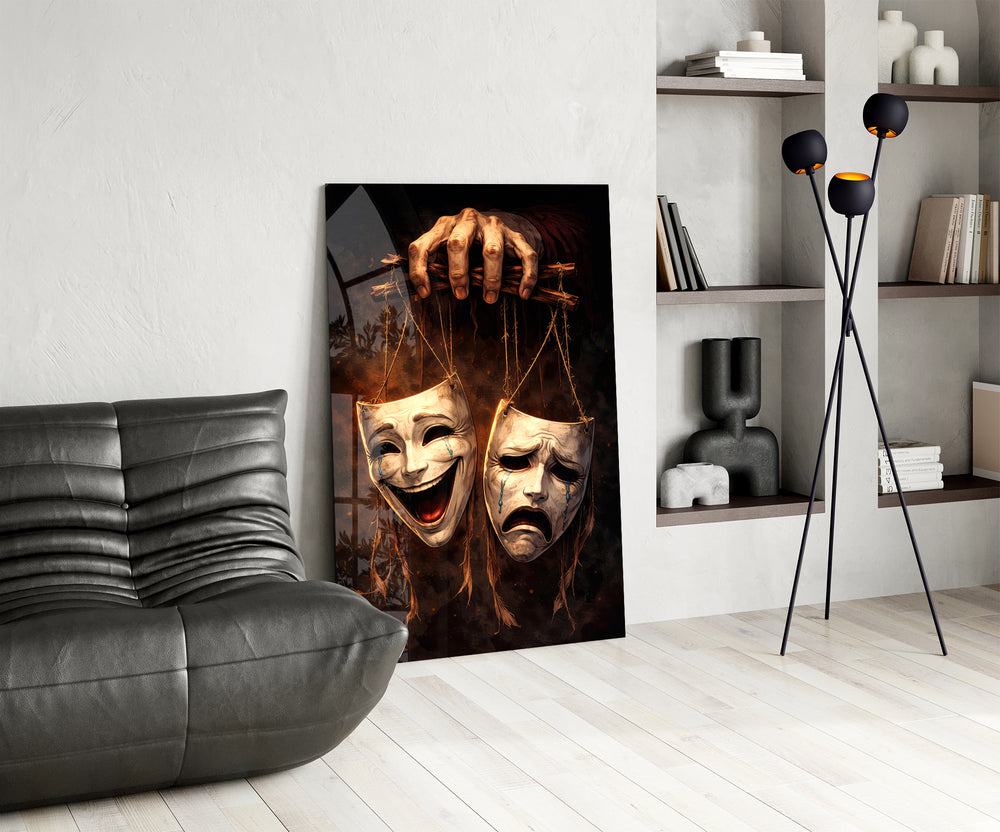 Mask allegory panel against a moody dark-painted wall