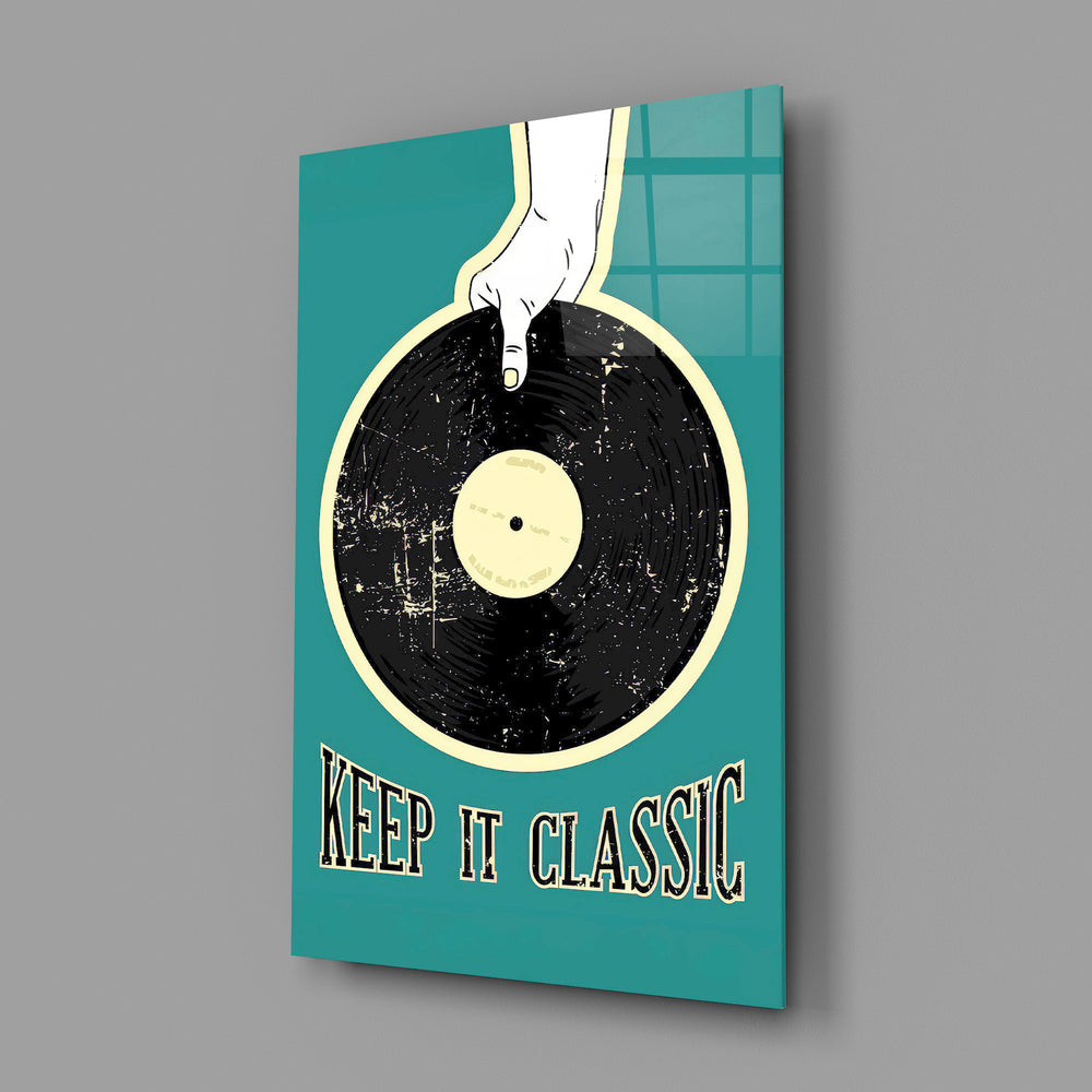 Retro vinyl-poster panel anchoring a music studio wall