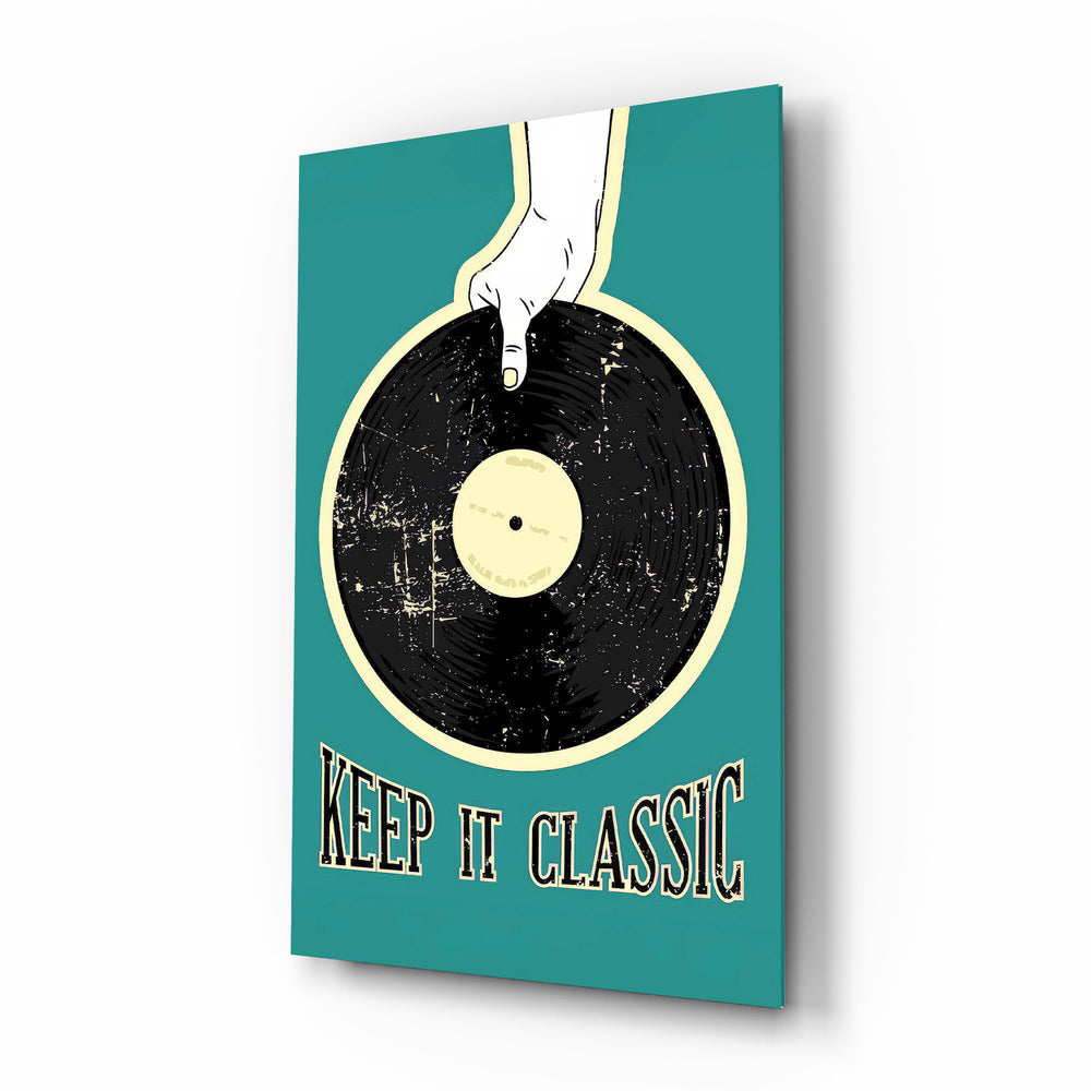 Keep It Classic teal vinyl glass wall art in a modern listening room