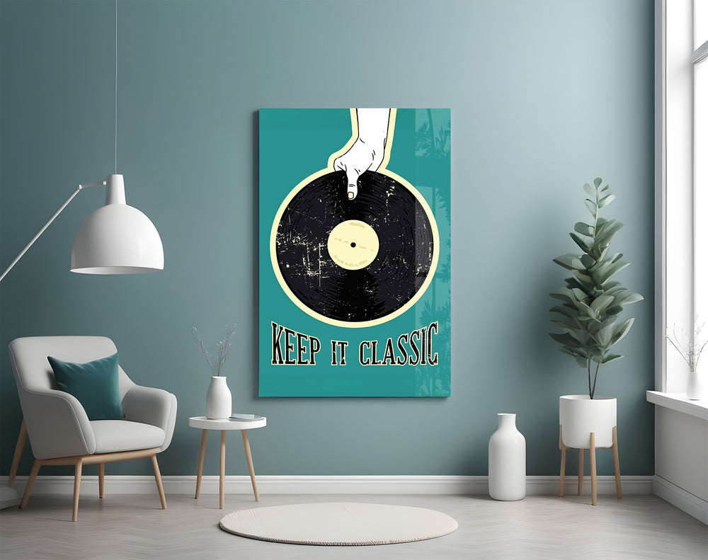 Keep It Classic teal artwork styled above a turntable setup