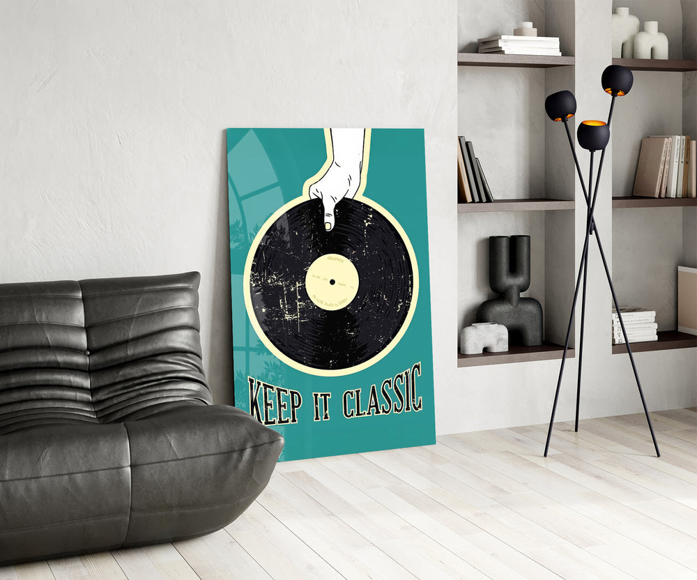 Vinyl record panel anchoring a coastal-café accent wall