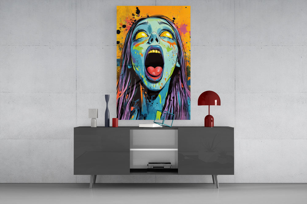 Pop-graffiti horror glass wall art catching light to reveal its splatter texture