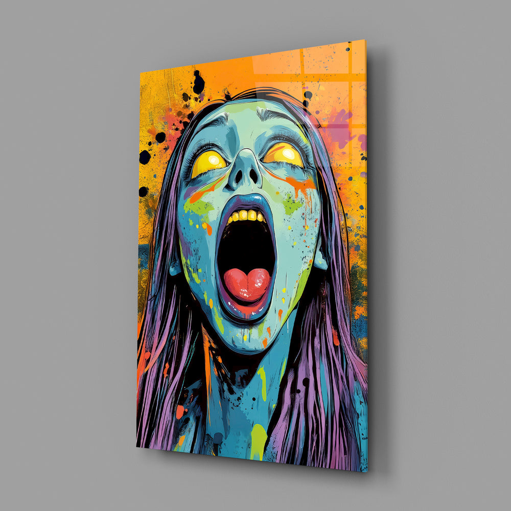 Pop-graffiti zombie portrait panel anchoring a teen's bedroom wall