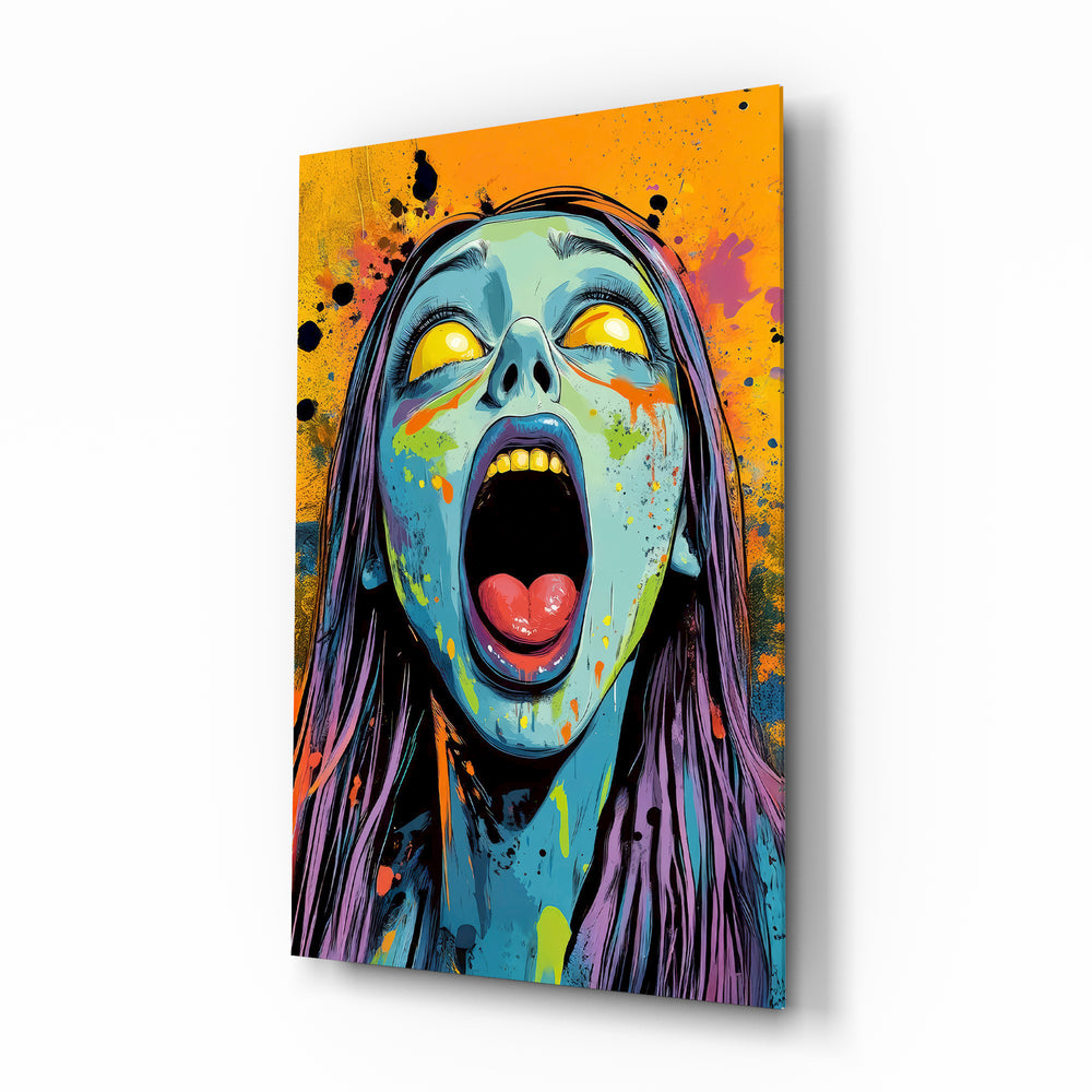 Scream of the Living Dead pop-horror glass wall art in a modern gaming room
