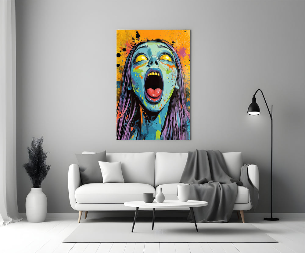 Pop-horror scream glass print bringing edge to a cinema-room accent wall