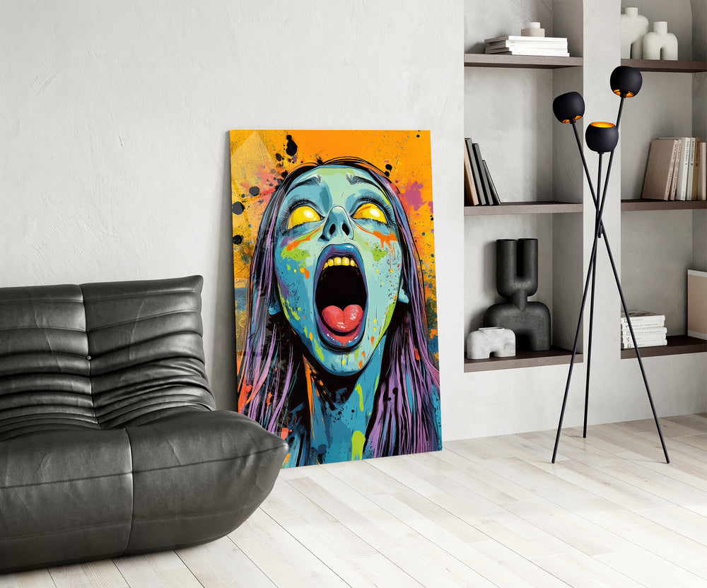 Zombie portrait panel against a moody dark-painted wall