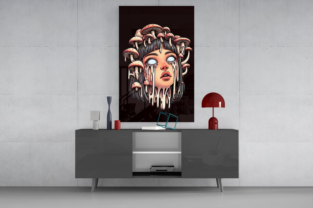 Surreal portrait glass wall art catching light to reveal its dripping detail