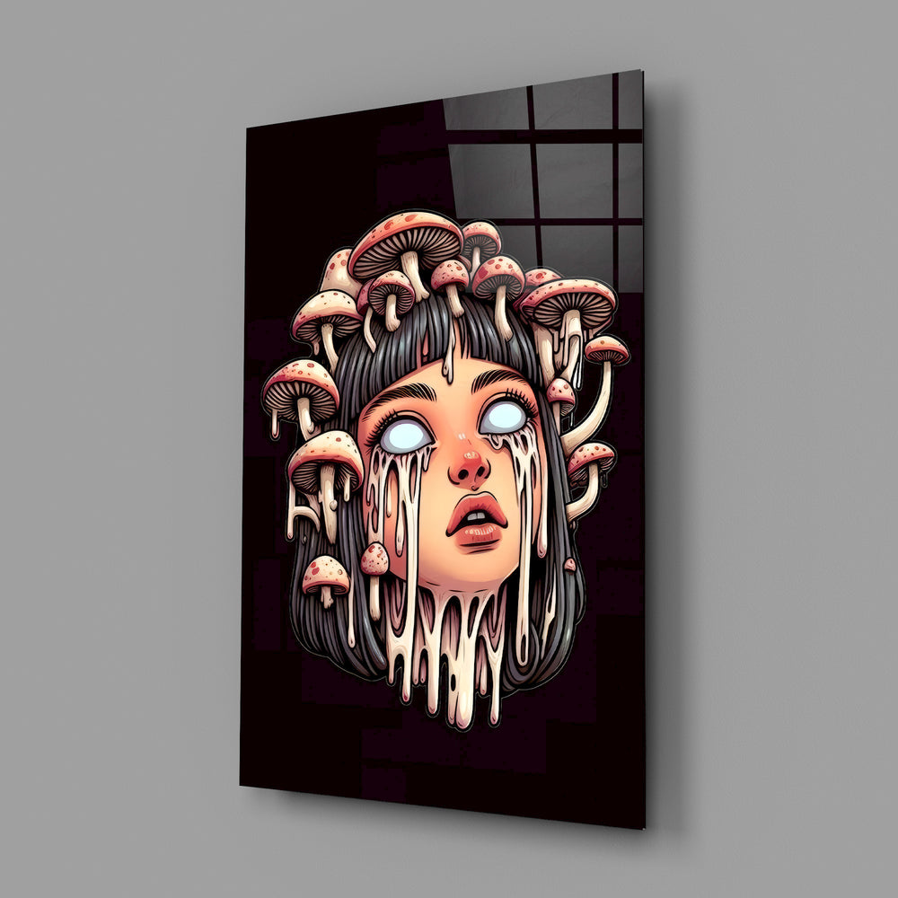 Comic-illustration mushroom-crown panel anchoring a tattoo studio wall