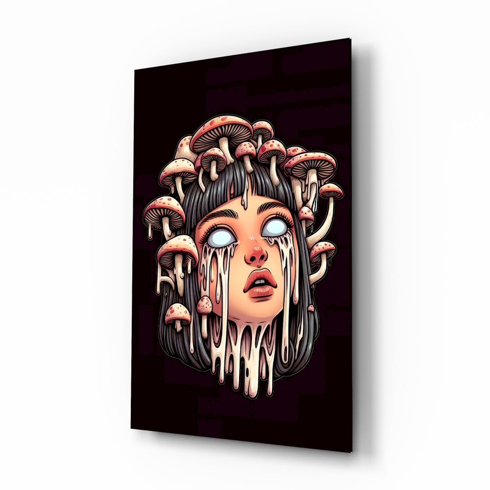 Mushroom Head surreal portrait glass wall art in a modern teen's bedroom
