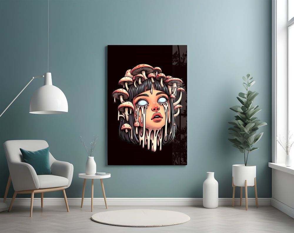 Mushroom Head artwork styled in a reading nook with low light