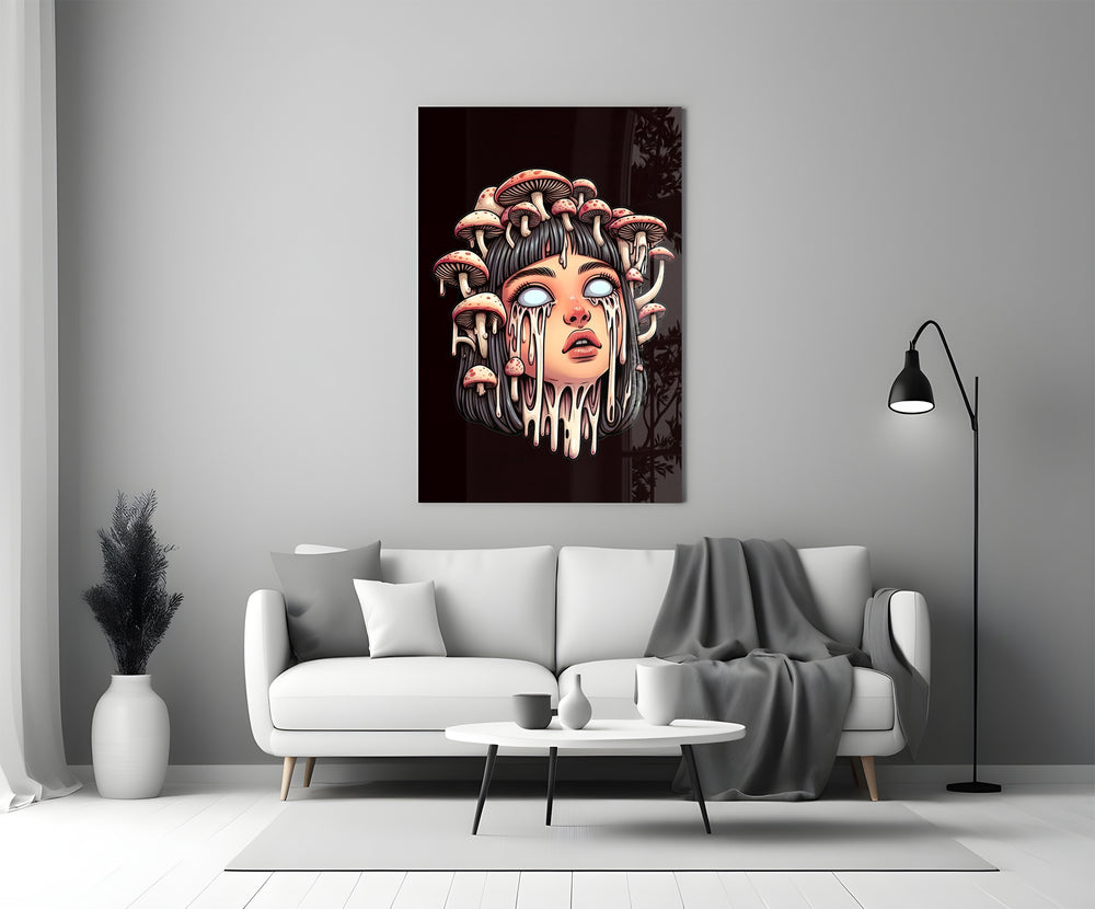 Surreal comic glass print bringing dark-fantasy edge to a gaming room