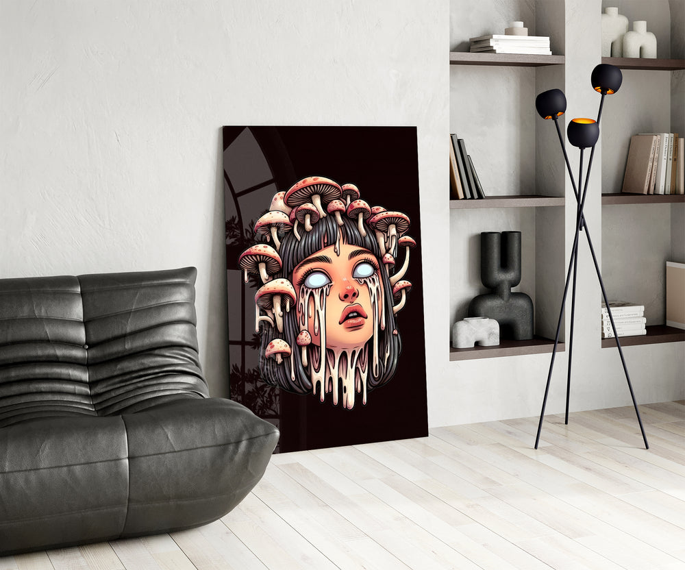 Mushroom-crown portrait panel against a deep-plum painted wall
