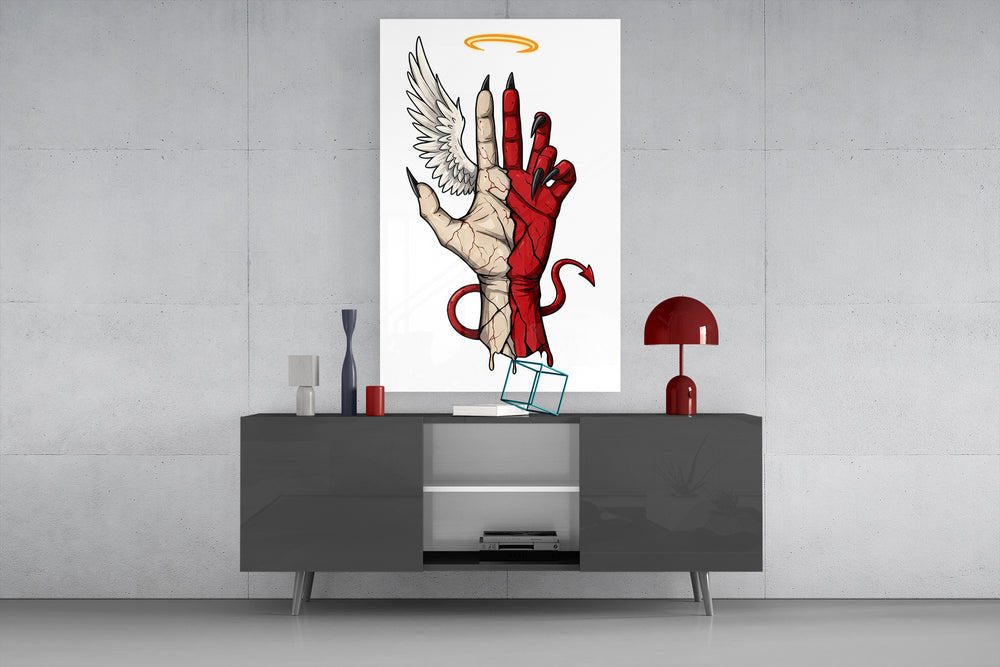 Divine Devil glass wall art catching light to reveal its illustrated texture
