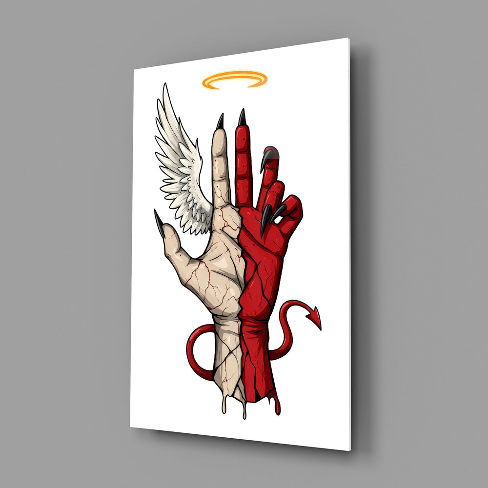 Angel-and-devil illustration panel anchoring a tattoo parlor wall