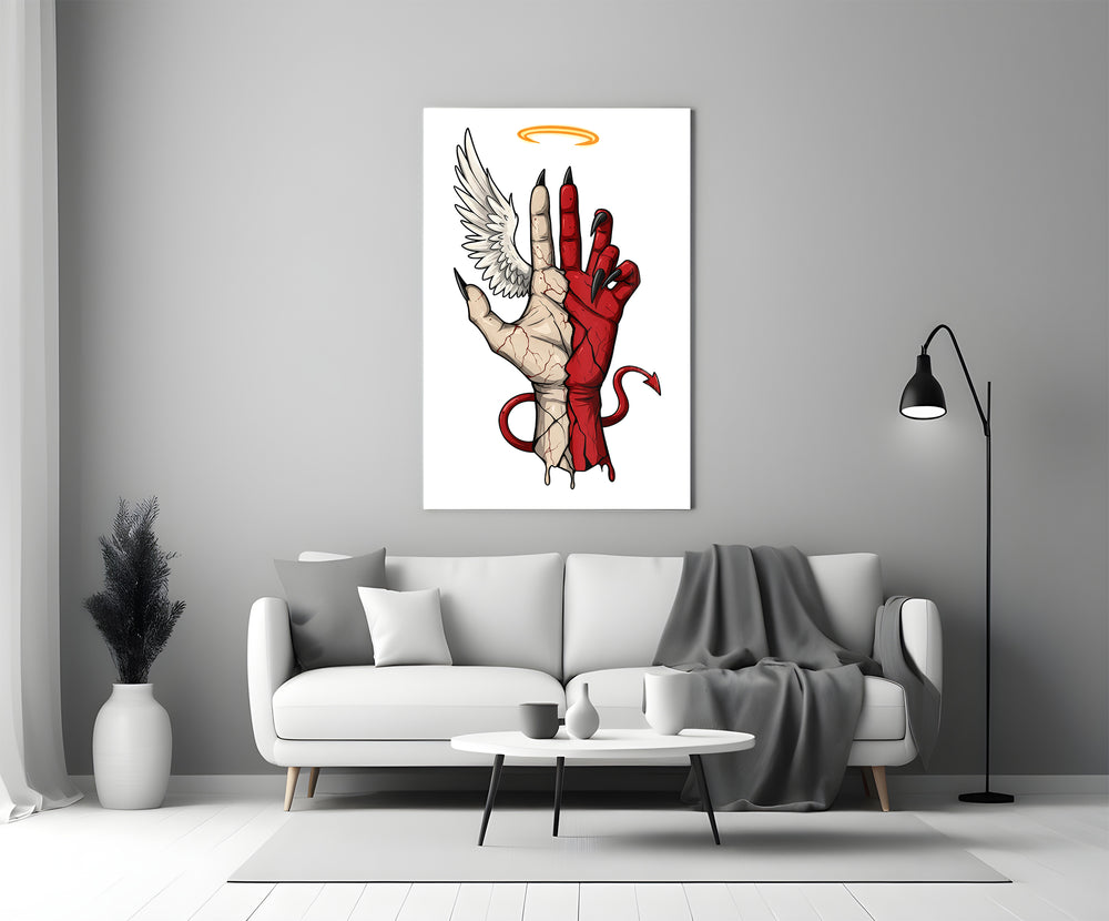 Angel-devil glass print bringing allegorical edge to a creative office