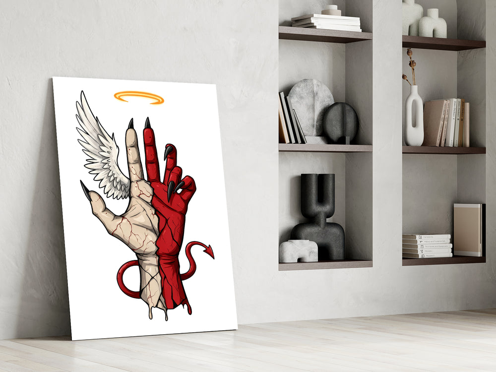 Angel-devil artwork in a contemporary loft interior
