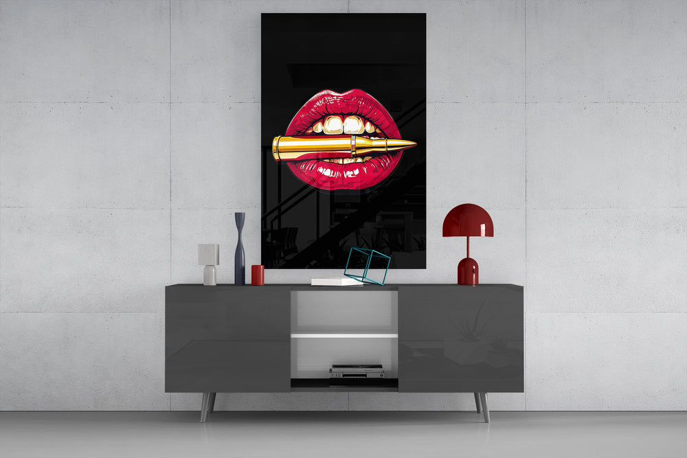 Lip Bullet glass wall art catching light to reveal its lacquered shine
