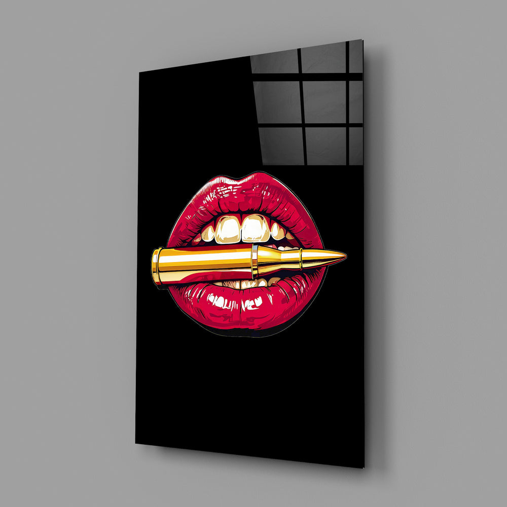 Pop-noir lips panel anchoring a fashion boutique wall