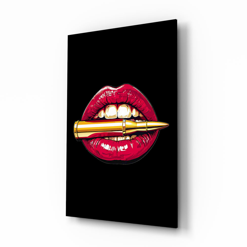 Lip Bullet pop glass wall art in a modern dressing room