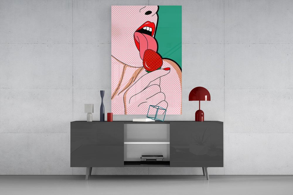 Pop strawberry glass wall art catching light to reveal its halftone texture