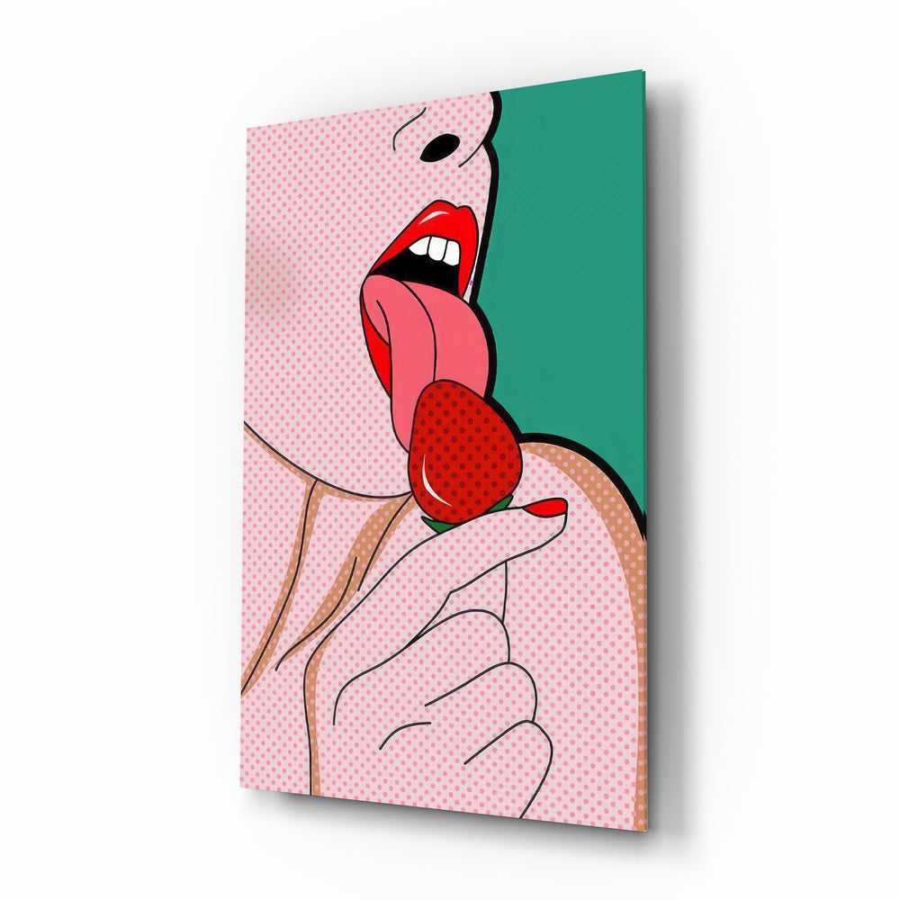 Pop strawberry lick comic glass wall art in a modern kitchen
