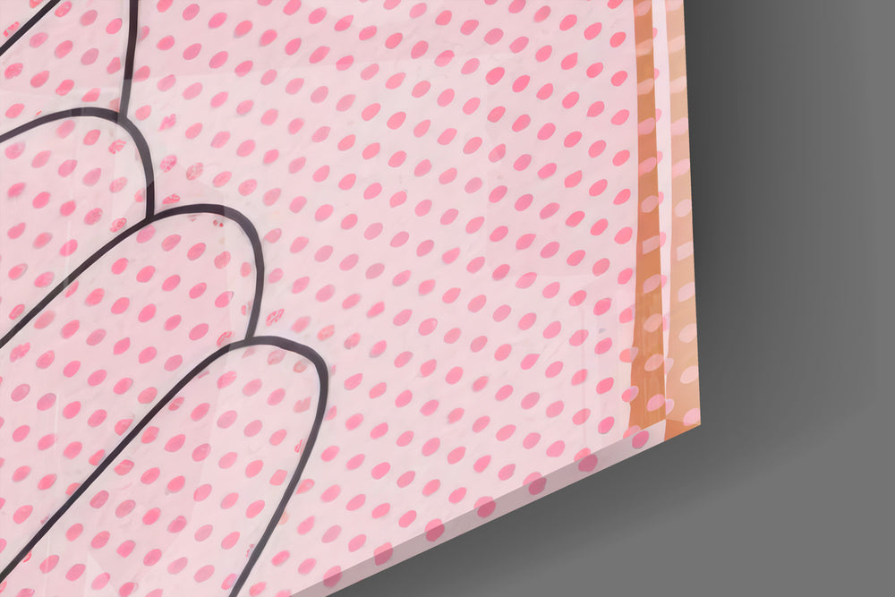 Close-up detail of the red lips and strawberry on halftone skin behind glass
