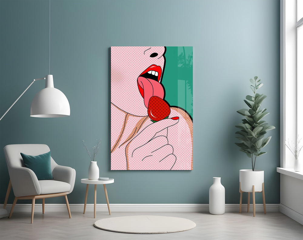 Pop-art artwork styled in a dining room with vibrant accents