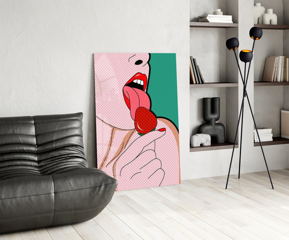 Pop strawberry panel against a clean white-painted accent wall