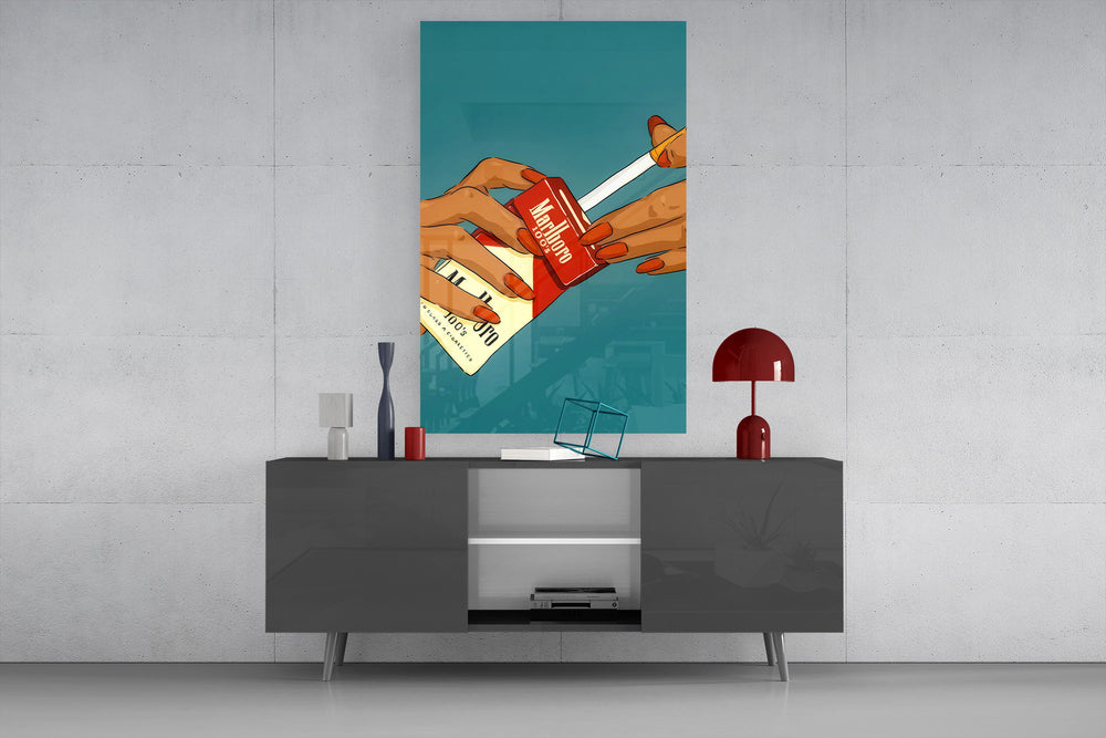 Marlboro glass wall art catching light to reveal its illustration texture