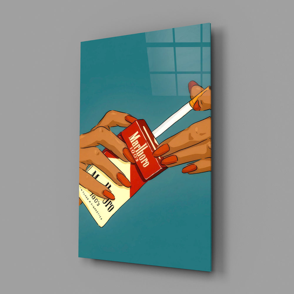 Retro cigarette-pack panel anchoring a barbershop wall