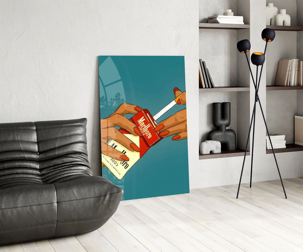 Cigarette-pack panel against a deep teal-painted accent wall